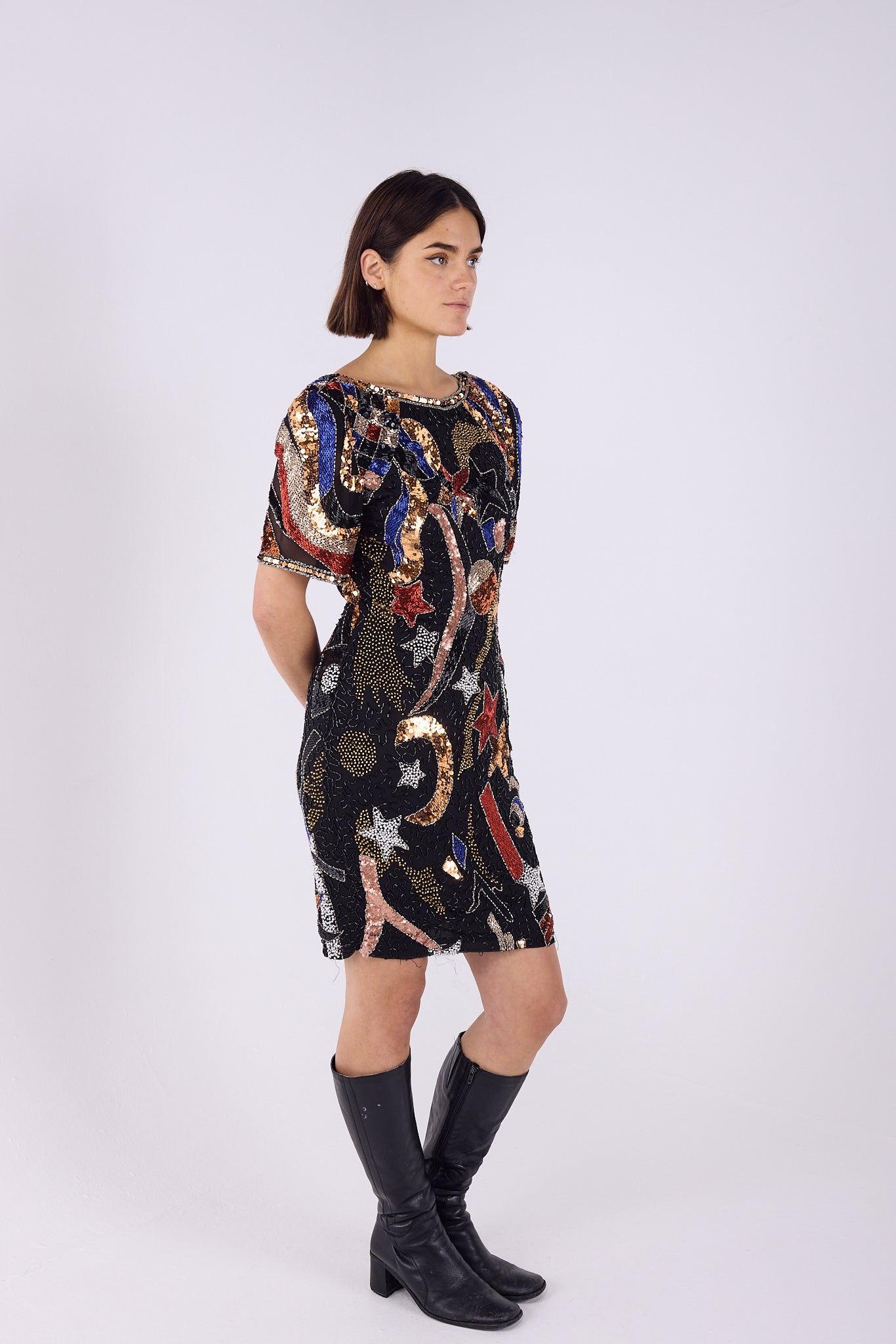 Star sequin embroidered mini shoulder pad dress
