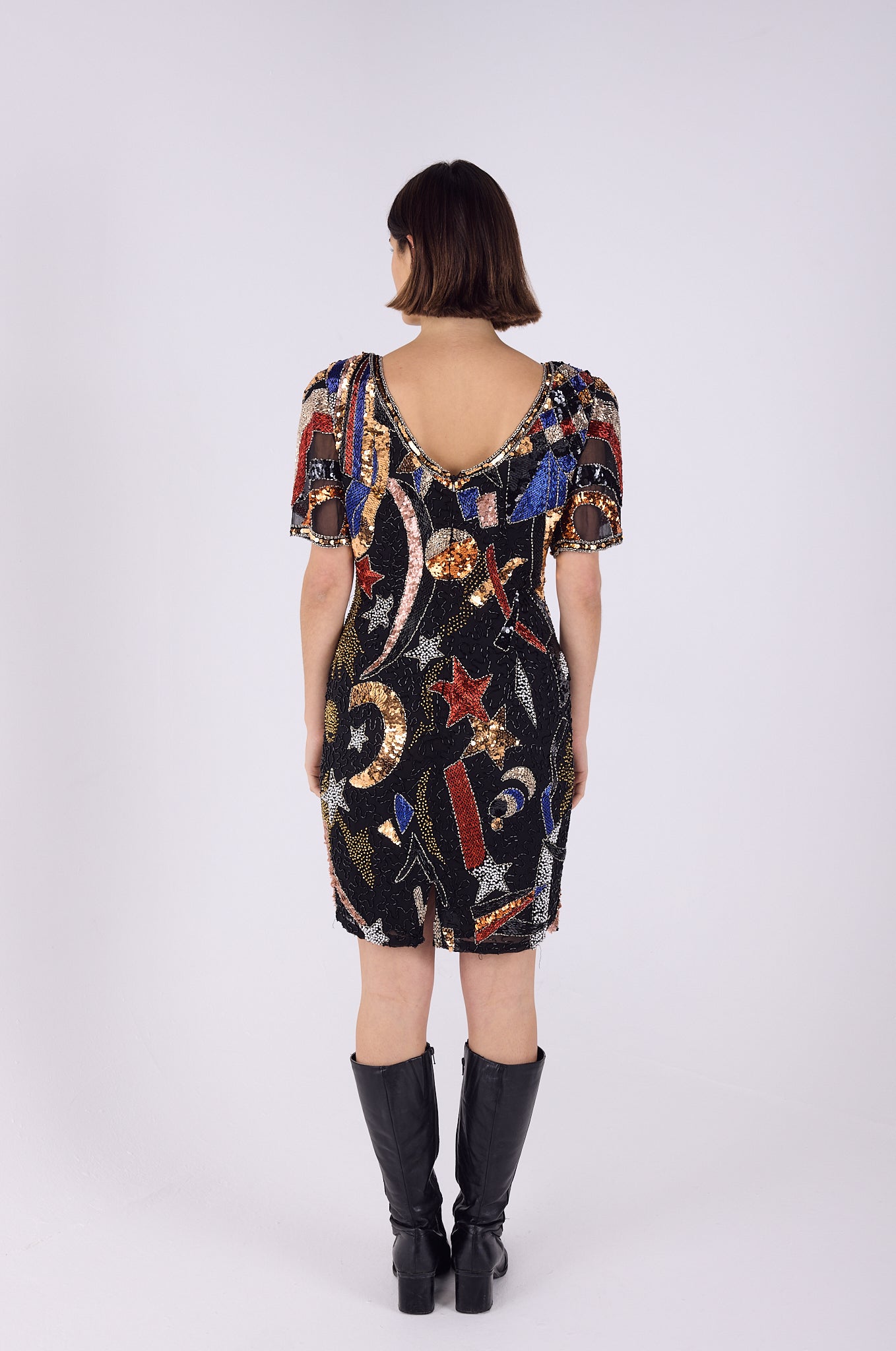 Star sequin embroidered mini shoulder pad dress