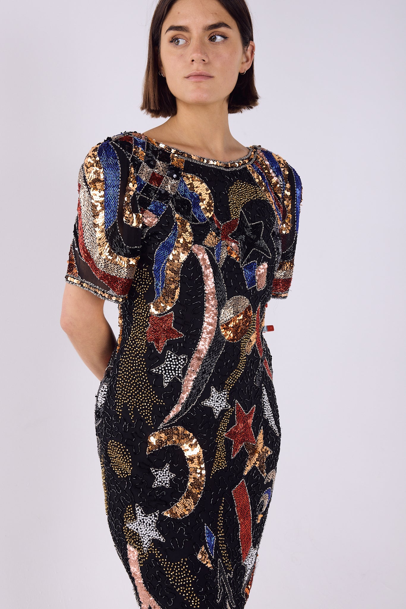 Star sequin embroidered mini shoulder pad dress