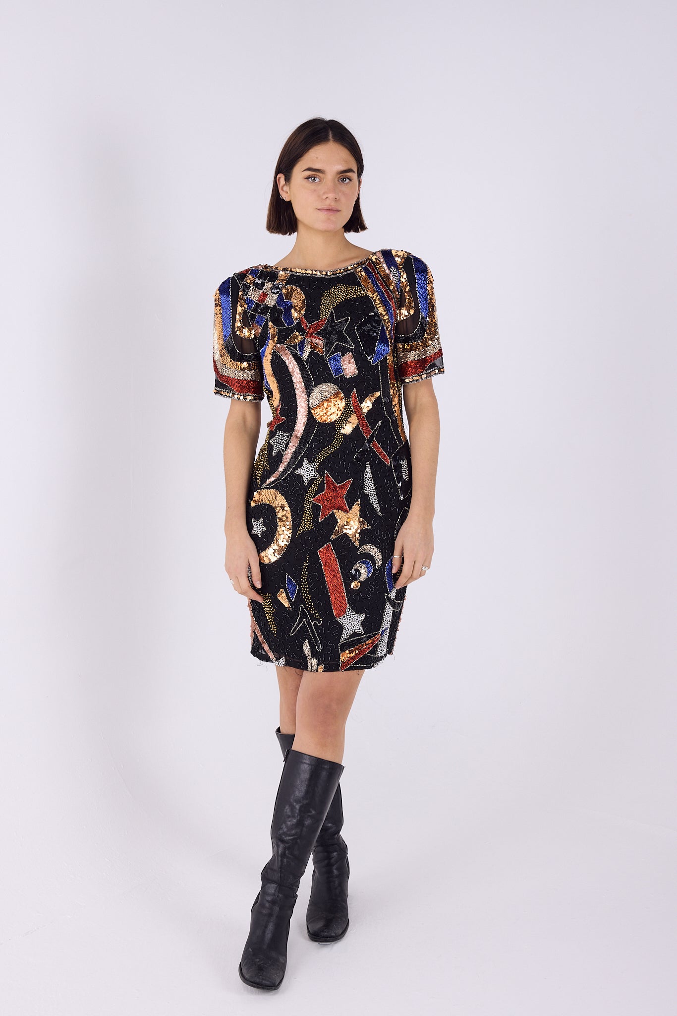 Star sequin embroidered mini shoulder pad dress
