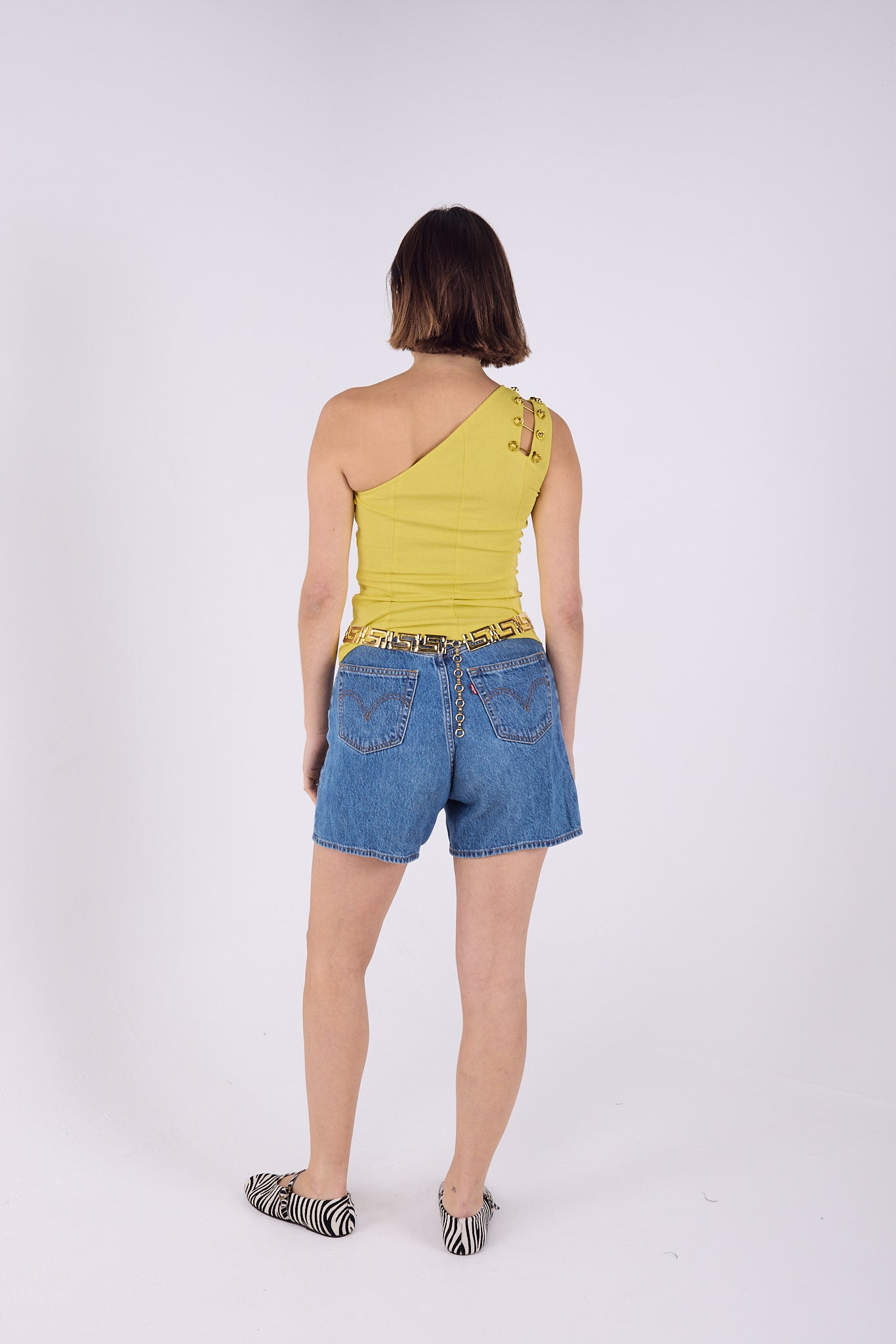 Versus Versace yellow top with gold safety pin detail