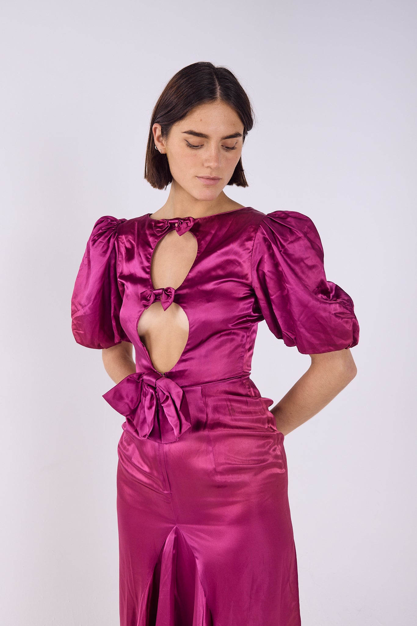 YSL Satin Bow front Purple Midi Dress