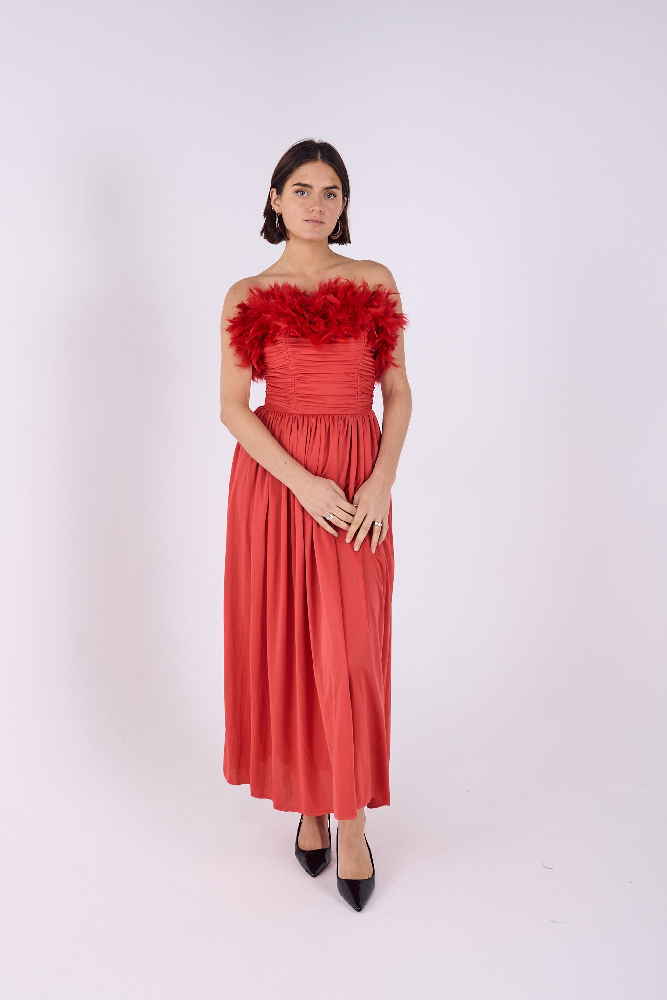 Red Dress with feather detailing