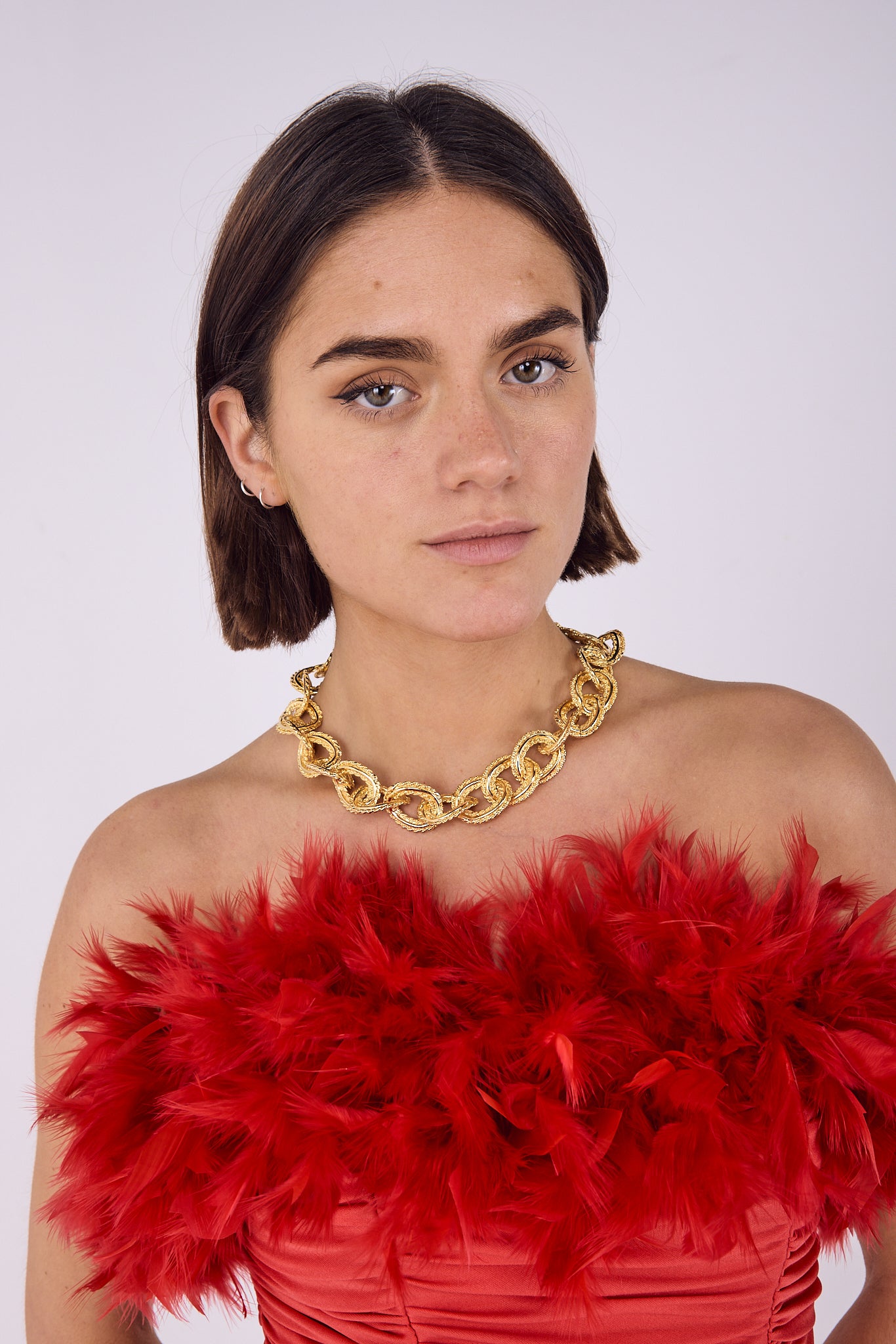 Red Dress with feather detailing