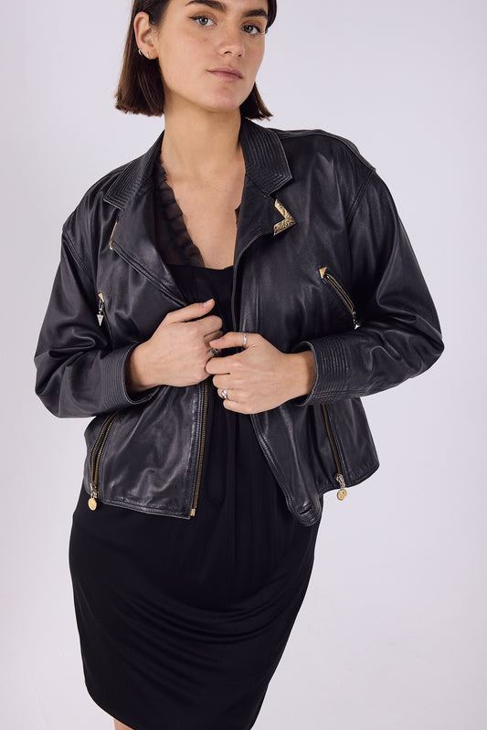 Black leather Versace jacket with Gold arrow detail