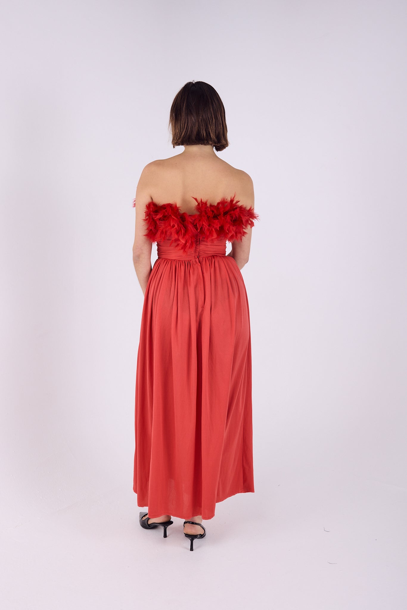 Red Dress with feather detailing
