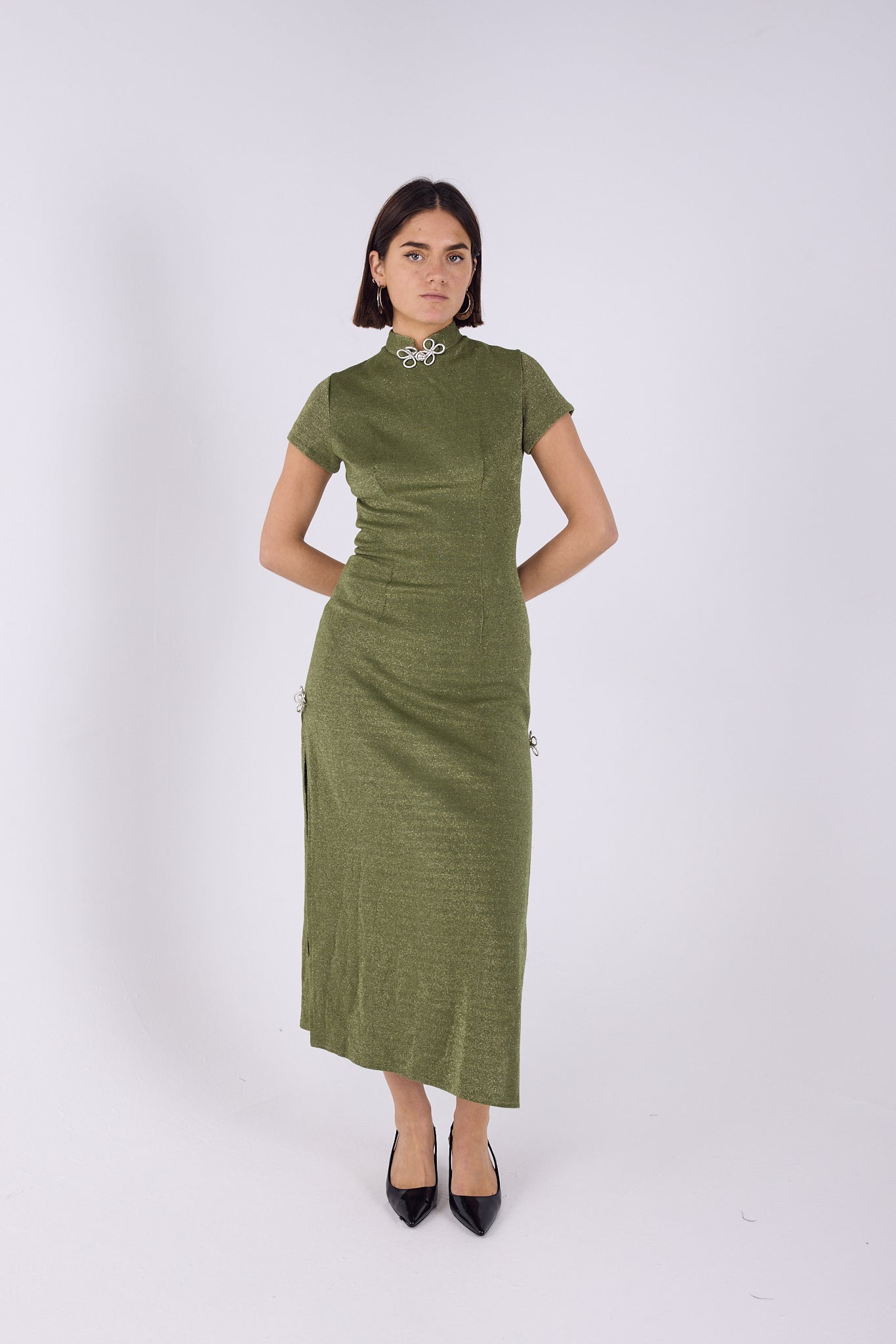 Green sparkle high neck knit maxi dress with silver detail