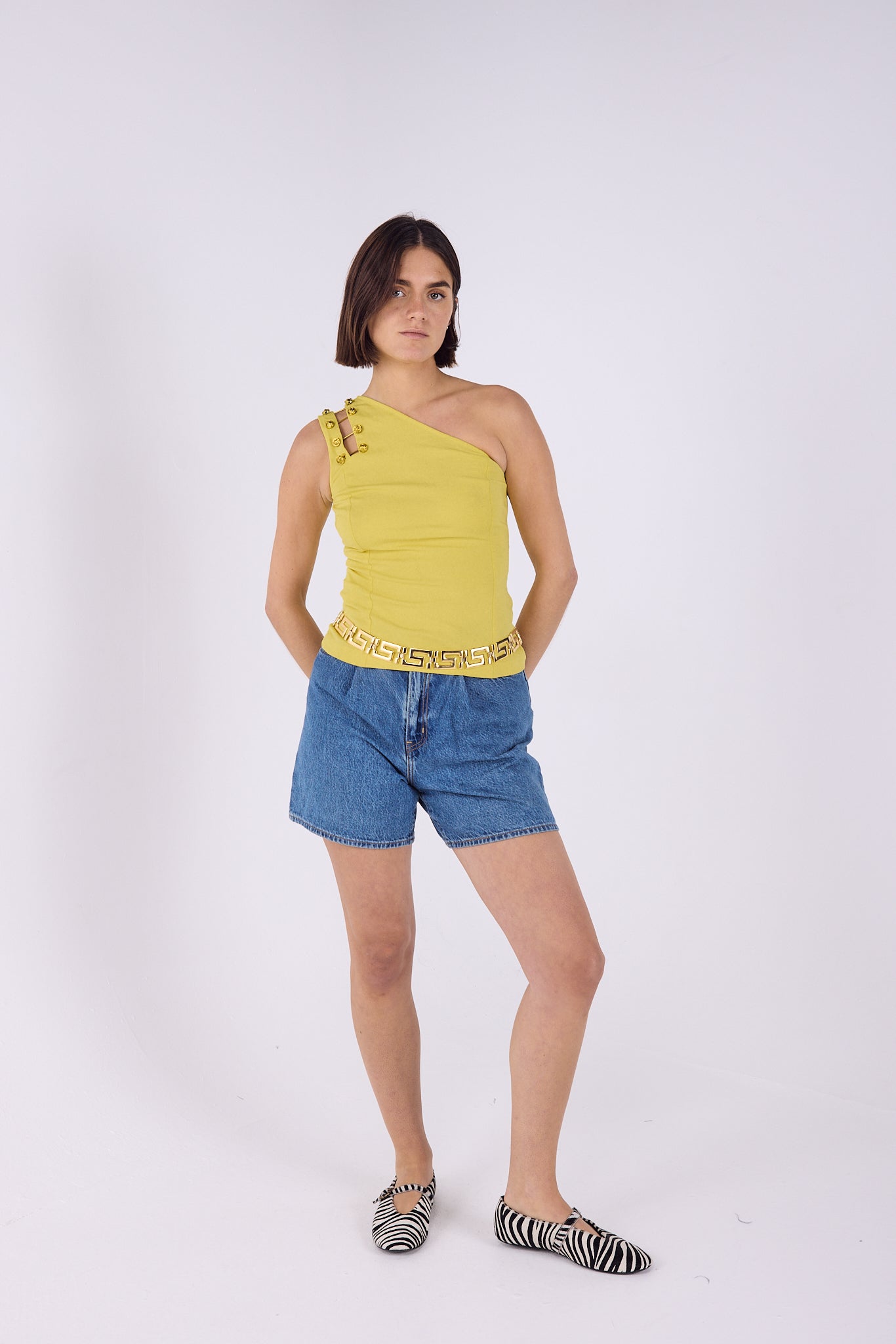 Versus Versace yellow top with gold safety pin detail