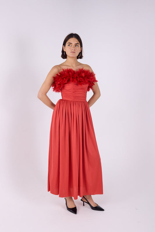 Red Dress with feather detailing