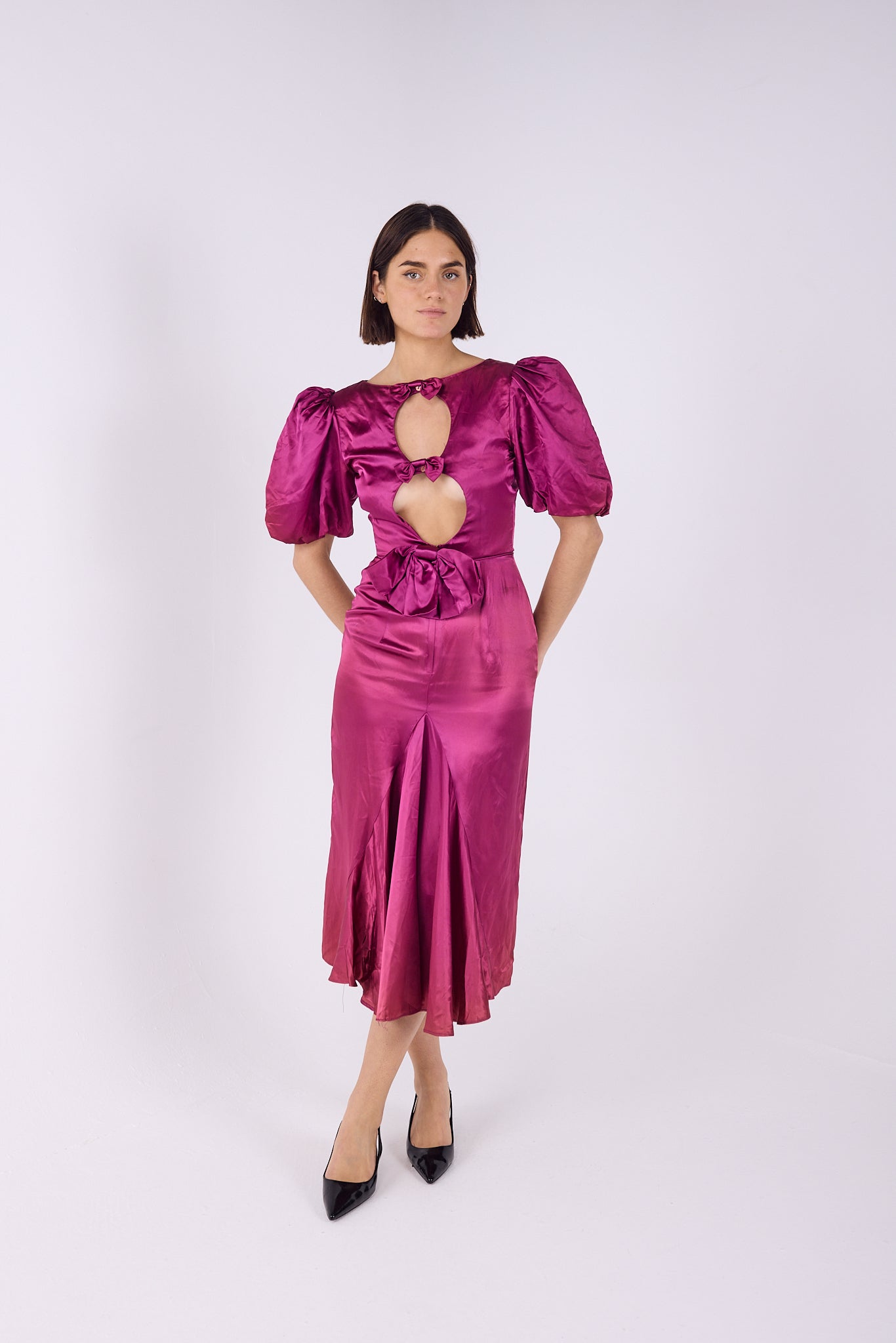 YSL Satin Bow front Purple Midi Dress