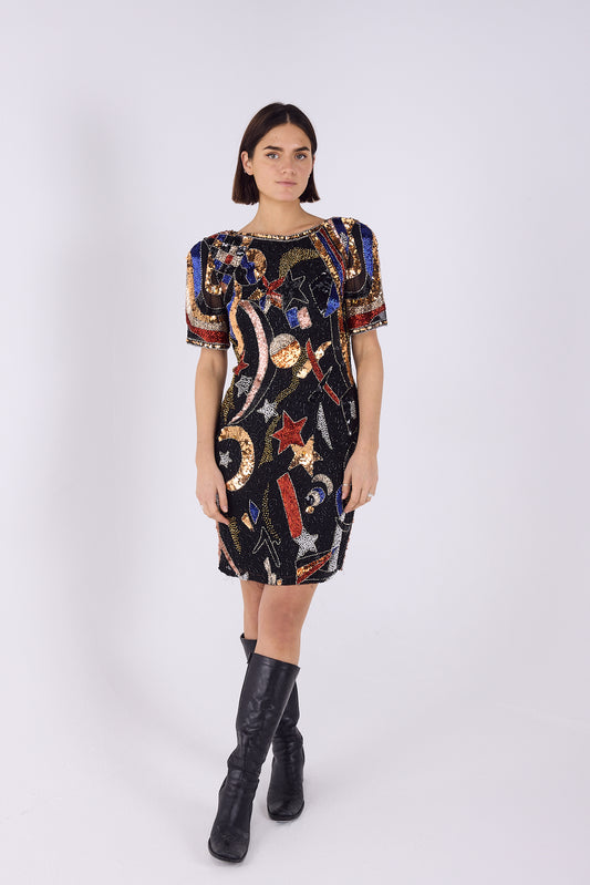 Star sequin embroidered mini shoulder pad dress